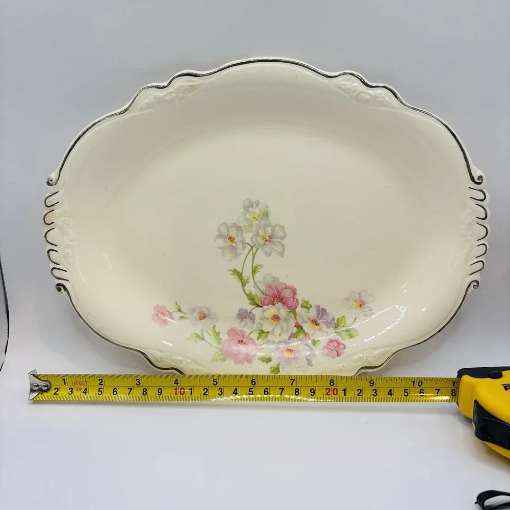 Vintage Homer Laughlin Floral Oval Serving Bowl‎ Silver Trim USA 11.5